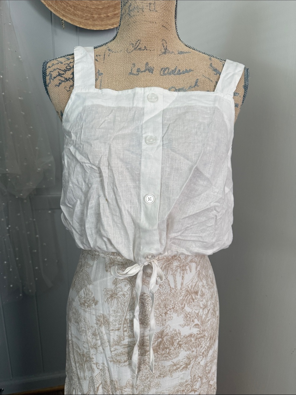 White Button-Front Crop Cami with Drawstring